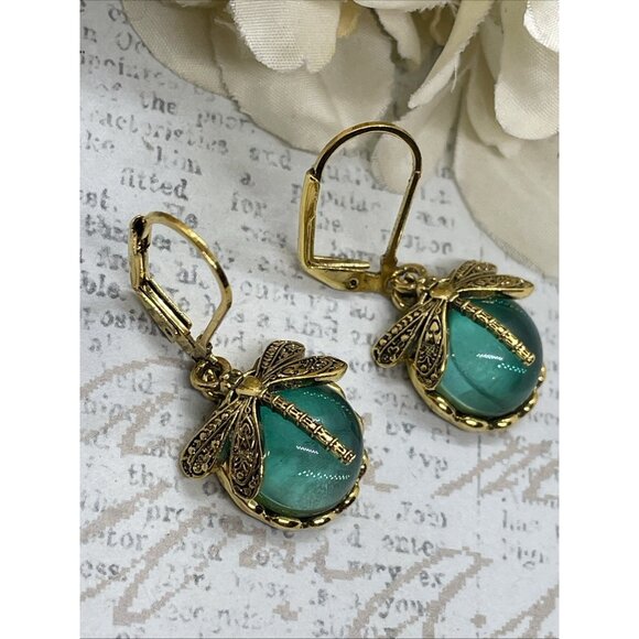 Gold plate Iridescent Dragonfly Wire Green Earrings Fall Gift Mom Birthday Wife - Picture 1 of 15